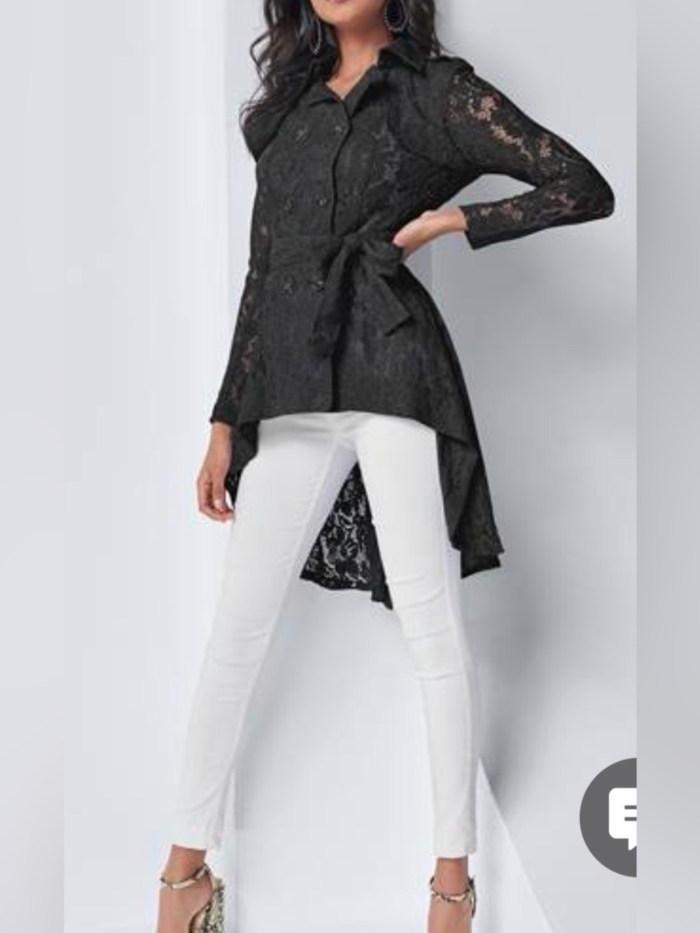 VENUS Black Lace Trench Coat with Belted Waist